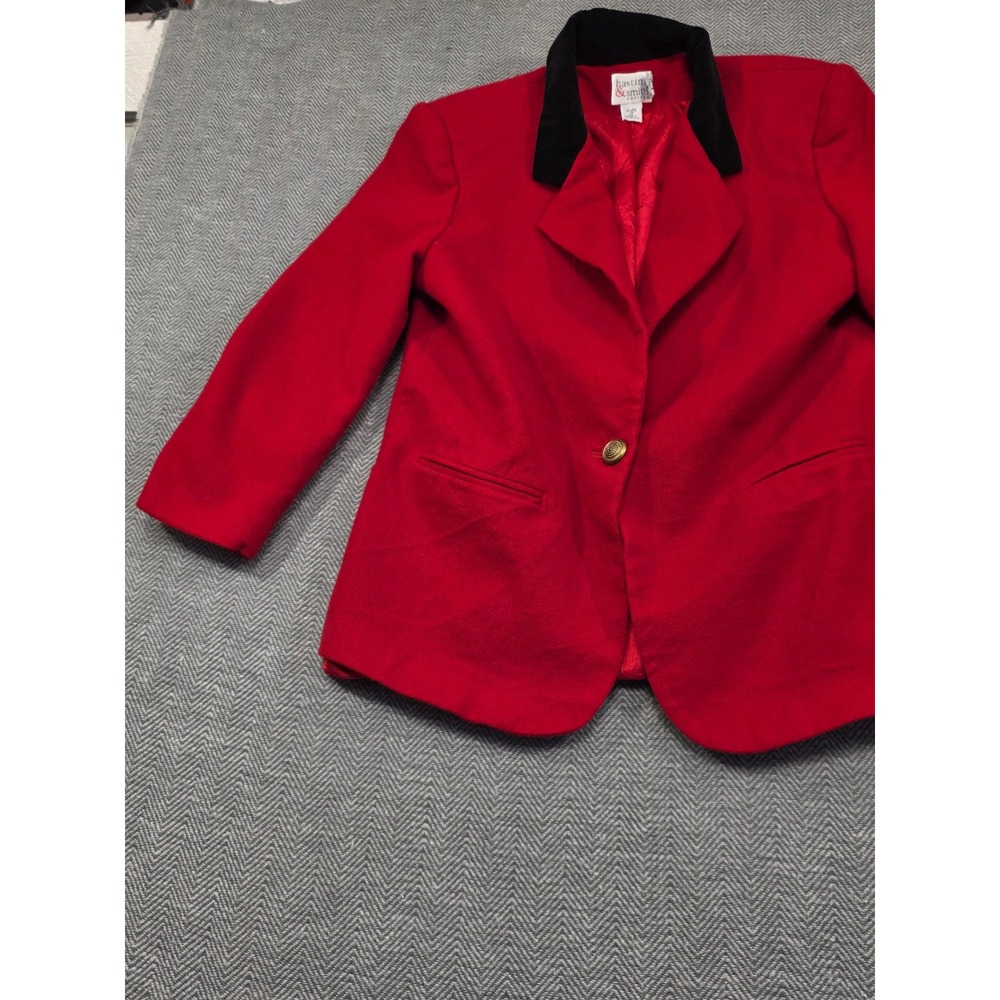 Hastings & Smith Red 100% Wool Blazer Black Velvet Collar Gold Button Petite 12 - Picture 7 of 10